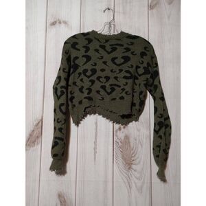 Honey‎ Punch Sweater Ladies Extra Small Green Cropped Distressed Animal Print